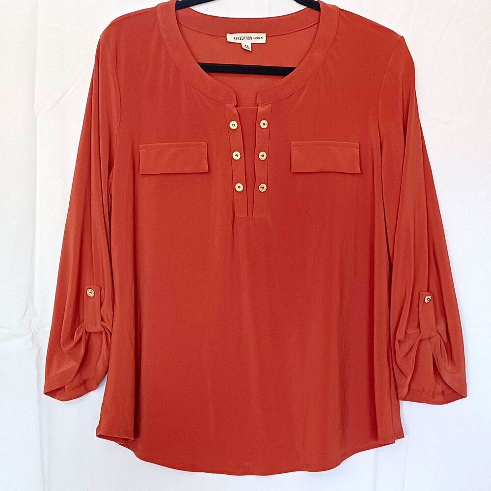 Perseption Concept Women's XL Solid Dust Orange Pullover Roll Tab Blouse
